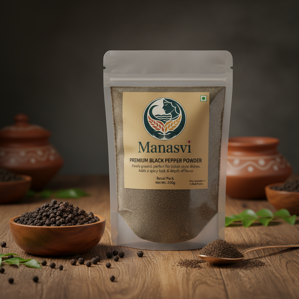 Udupi kitchen scene with Manasvi masalas and oils displayed neatly